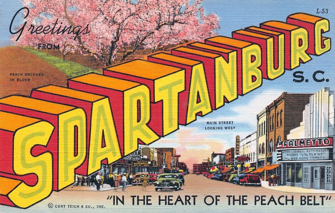 Large-letter postcard reading Greetings from Spartanburg, S.C., in the heart of the Peach Belt