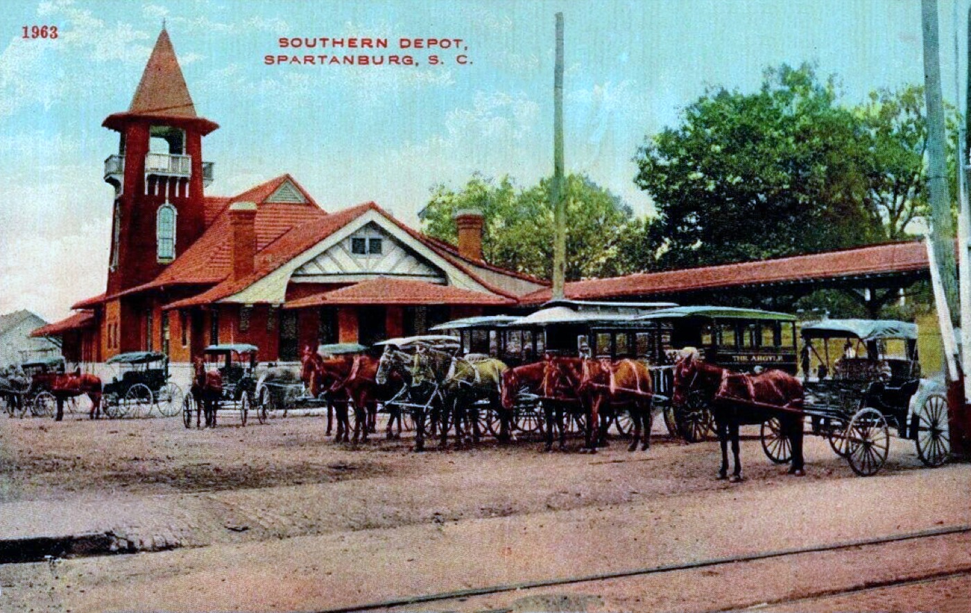 The Southern Depot in Spartanburg on an old postcard, horse-drawn carriages waiting out front